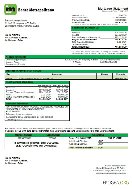 Cuba Banco Metropolitano relevé hypothécaire bancaire scr